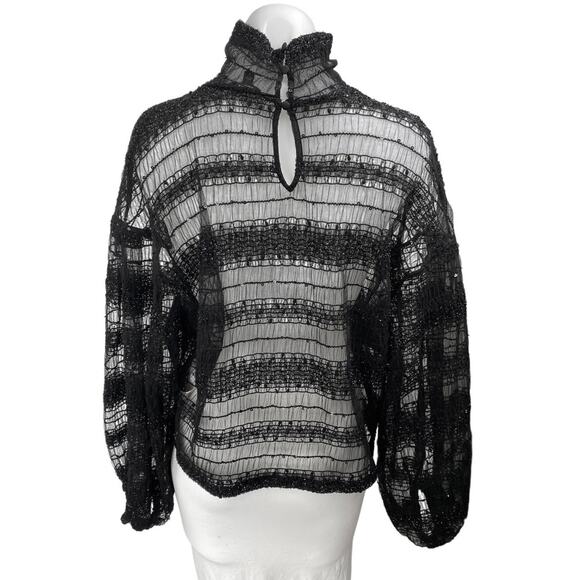 Express Women's Black Metallic Lace Long Sleeve Turtleneck Sheer Blouse Top Sz M - Picture 2 of 5